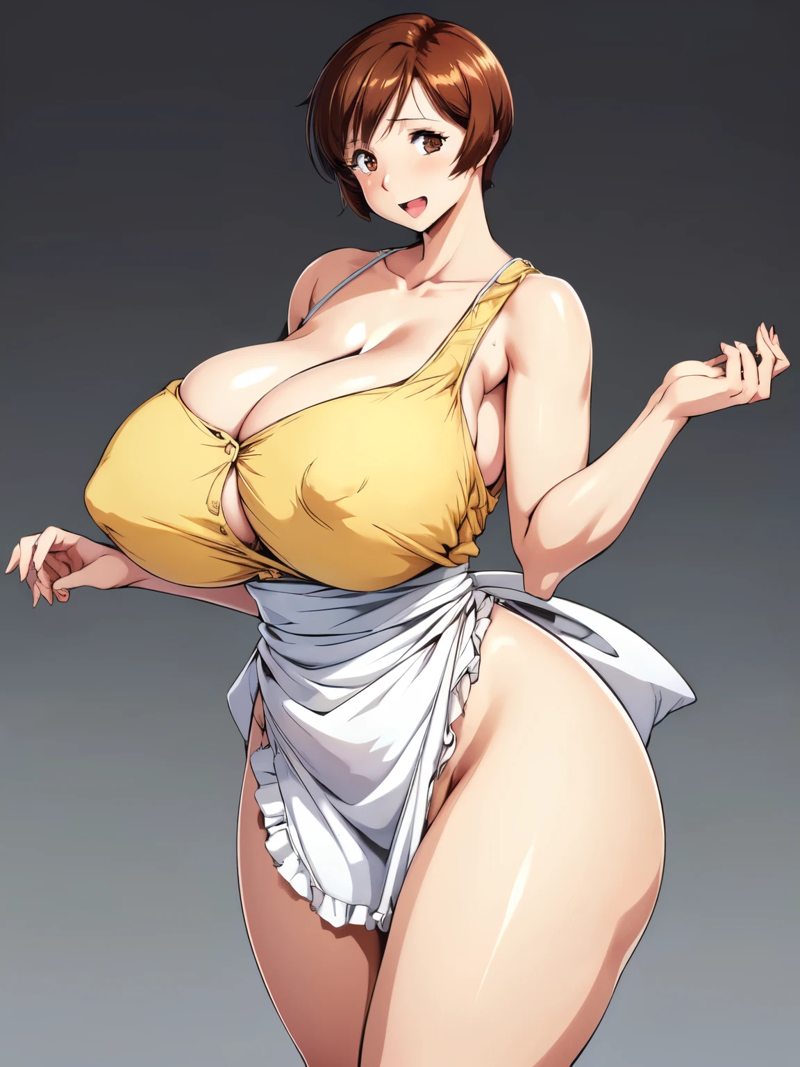 masterpiece, Highest quality, High resolution, One girl, alone, sexual intercourse, Pornographic images, short hair, etsukoto, Brown eyes, fine grain, fine grain, (((white skin color))), (((Thick thighs, Plump thighs, Voluptuous thighs, Thighs alone are enough))), ((Huge and enough breasts, Cleavage, Big long breasts)), Naughty big,((Big breasts are important))、((Naughty thighs)), L Cup, (thin:1.4),(Tight waist:1.4), (Yellow Dress:1.4), ((white waist apron)), ((White panties)), (((Simple Background))), smile, Open your mouth, ((Wide Hips)), (Shiny skin, Oily skin), Mature mother, Calf, Seductive mature woman, Mature Woman, Perfect body, Plus Size Model, Curvy, enough, etsukoto, blush, clavicle, retro artstyle, 1990s (style), (Thick thighs:1.4), ((bursting breasts, Overflowing breast, Super huge breasts)), (from side:1.2), (bare legs, crossed legs), nsfw,