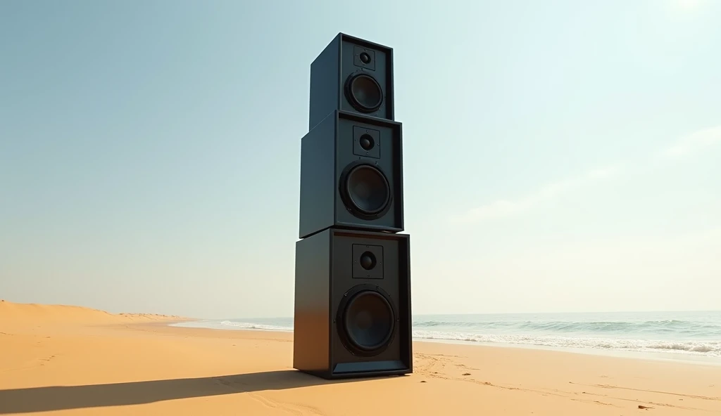 A three-tiered black reggae speaker stands alone on the sandy beach.