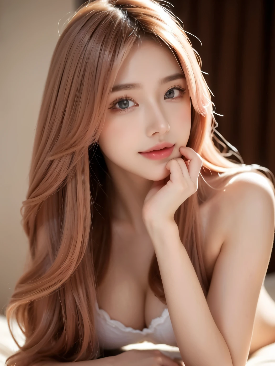 beautiful detailed eyes, beautiful detailed lips, extremely detailed eyes and face, long hair, beautiful pink hair, slim figure, , cute, large breasts, beautiful butt, woman drinking cocoa in a white bedroom, soft smile, (best quality, 4k, 8k, highres, masterpiece:1.2), ultra-detailed, (realistic, photorealistic, photo-realistic:1.37), portrait, soft lighting, warm colors, delicate