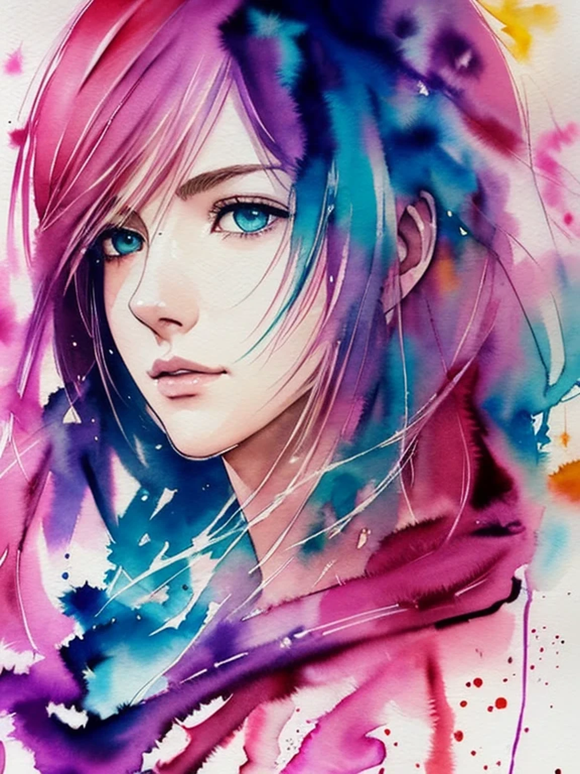 (((Agnes Cecile:1.3, watercolor))), precise lineart:1.1, glowing design, ink drops, Final Fantasy XIII Character Lightning (Claire Farron), centered, key visual, intricate, highly detailed, breathtaking beauty, vibrant, Beautiful Muses, comprehensive cinematic, ((Carne Griffiths, Conrad Roset)), autumn lights, (the most beautiful portrait in the world:1.4), (masterpiece, best quality),