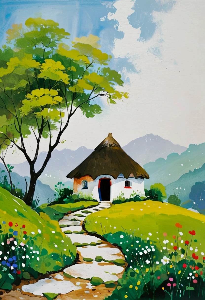 Childish Art:artistic conception:2.Simple acrylic painting,Dot,A small thatched hut on a winding path,Minimalism,White background。(((Negative Space:2,Large area of blank:2, Bottom left corner composition)))