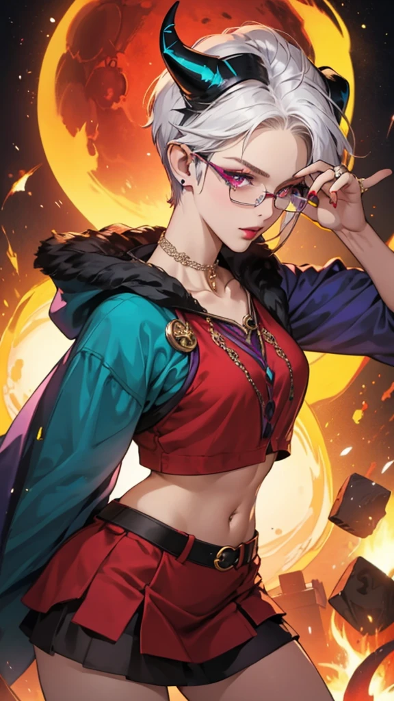 8k, masterpiece, best quality, highly detailed, 1 girl, tiefling, warlock, pixie cut, multicolored hair, very short straight hair red highlight hair on white hair, strippled hair, wearing glasses, round glasses, earrings, navel piercing, red eyeshadow, long eyelashes, blushed cheek, red lips, pearl necklace, rings, collarbone, mole on face, glamorous, teal and purple clothes, miniskirt, smirk, close up view, rings, looking at viewer, demon horns, solo, blood red moon, standing, royal dress, chains, firing fire blast