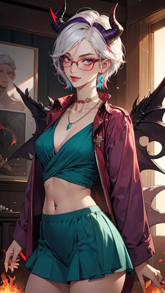 8k, masterpiece, best quality, highly detailed, 1 girl, tiefling, warlock, pixie cut, multicolored hair, very short straight hair red highlight hair on white hair, strippled hair, wearing glasses, round glasses, earrings, navel piercing, red eyeshadow, long eyelashes, blushed cheek, red lips, pearl necklace, rings, collarbone, mole on face, glamorous, teal and purple clothes, miniskirt, smirk, close up view, rings, looking at viewer, demon horns, solo, blood red moon, standing, royal dress, chains, firing fire blast