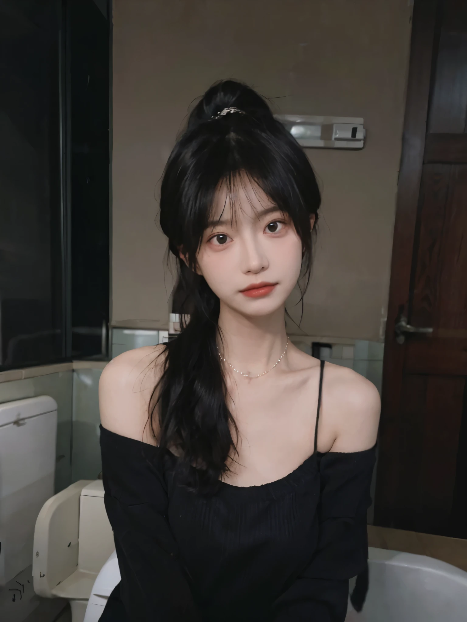 best qualtiy, Ultra-high resolution, (realisticlying:1.4),cute hairpin,1girll,Cropped black sweater ,head straight-looking at viewer,Full of atmosphere,Beautiful woman with a slim figure:1.4, abs:1.1, bathroom,Ultra-fine face,Elaborate Eyes,double eyelid,choker necklace