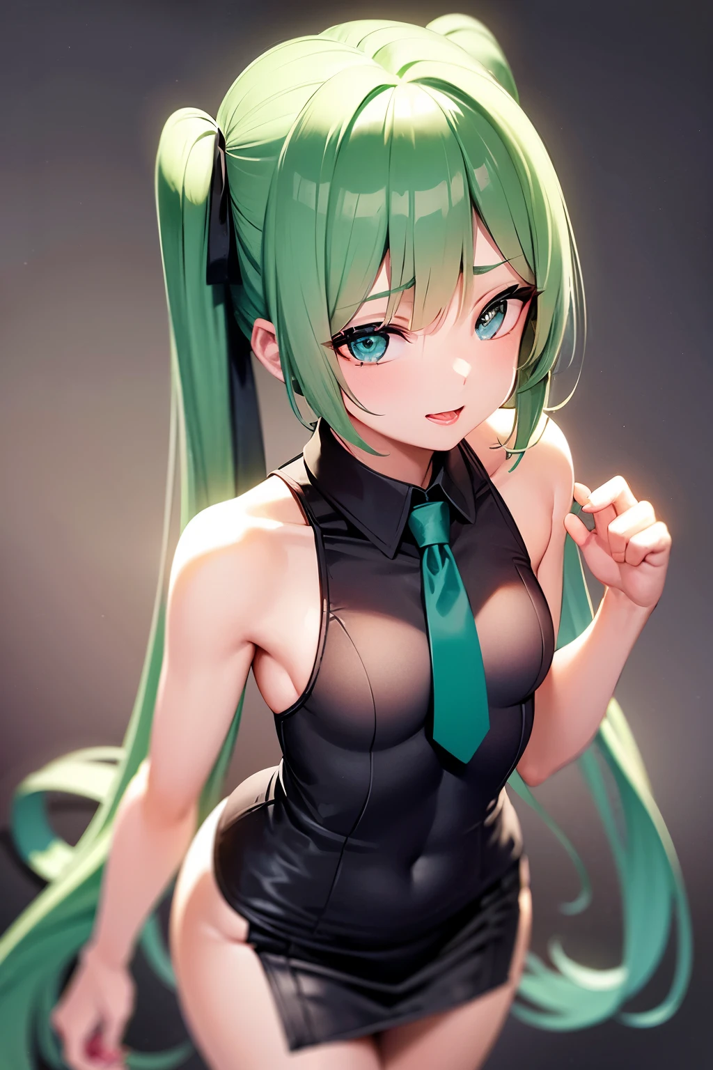 ((masterpiece, Side light, finely detailed beautiful eyes: 1.2)), Very detailed, Ultra-high resolution, Professional Lighting, High quality makeup, beautiful detailed eyes, sexy, beautiful, Big eyes, Droopy eyes, (girl), (Small breasts:1.2), Teak cheek, blush body, Watery eyes, hatsune miku, Green Hair, Ridiculously long hair, Wavy Hair, Ahoge, Twin tails, (Grey sleeveless shirt, Green tie, Black mini skirt:1.1), very cute, (extremely detailed beautiful face), Real skin texture, beautiful hair, beautiful face, beautiful eyes, beautiful body, beautiful hands, smile, Are standing, (Sexually excited:1.2), Erect nipples, Open your mouth, vapor,naked