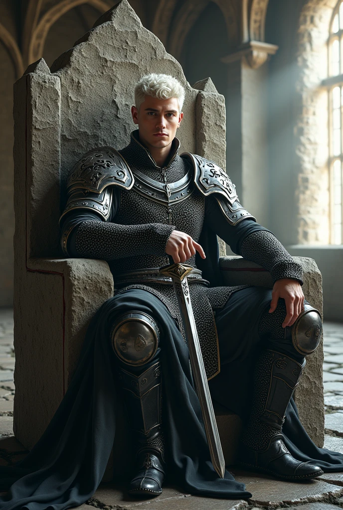 (photorealism:1.2), a beautiful man, sitting on a large, rough, stone throne, chainmail armor, posing holding a sword, short wavy platinum hair, grey eyes, platinum eyebrows, Pale skin, elegant silver crown, inside a castle, with sunlight streaming through a window