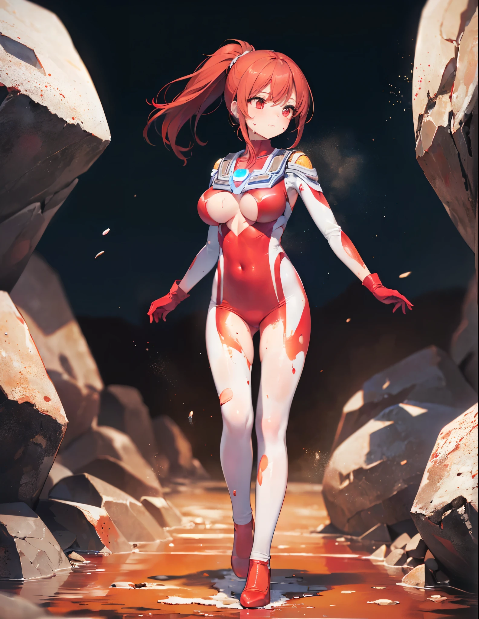 (Close-up:1.2),Realistic,Highest quality, Ultra Detail, High-quality CG rendering, The most delicate and beautiful, Floating softly, High resolution, (1 giant girl), (Highest quality,4K,8k,masterpiece:1.2),(All red hair:1.5), (ponytail:1.5),(Red eyes:1.5), (Ultra Girl:1.0), (All red Ultraman bodysuit:1.4),(Do not expose your skin:1.6),(Slightly larger breasts:1.5),(Red gloves:1.3),(Red Shoes:1.3),(whole body:1.3),(Are standing:1.3),(Plain surrounded by rocks:1.3),(sweating:1.3),(Wounded:1.3),(Brown mud stains:1.3),(front:1.4)