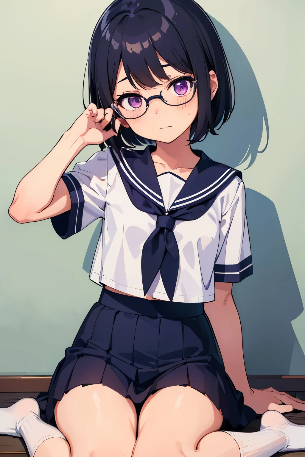 Elementary school girl, 8 years old, toddler, flat chest, black hair, short bob, glasses, purple eyes, embarrassed expression（One person）） A plain white short-sleeved sailor suit　Navy blue mini skirt　（（White panties are visible））White socks　Girl&#39;s Room　Sitting　 Dynamic Angle　Low - Angle