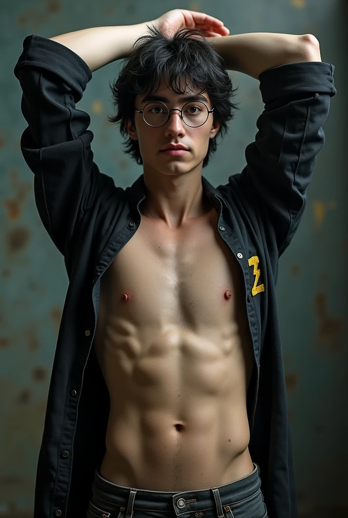 (photorealism:1.2), harry potter showing armpits