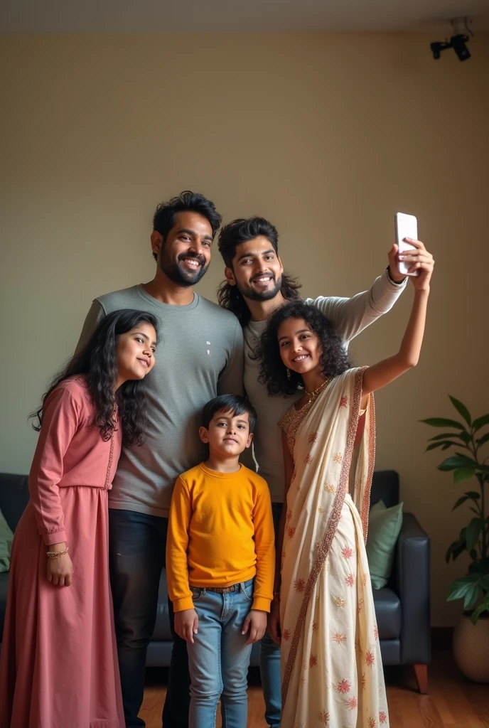 Mr. Singh (5 Feet 11 inches tail) is smiling and capturing a selfie of his entire family with his mobile phone held vertically. He is with his wife (5 feet tall), standing towards his left with her two mischievous kids. Pinky (girl) and Bablu (boy) are making funny expressions looking into the mobile. They all are standing facing a digital camera installed in the top comer of room The size of the room is 12 x 12 x 12 feet.

