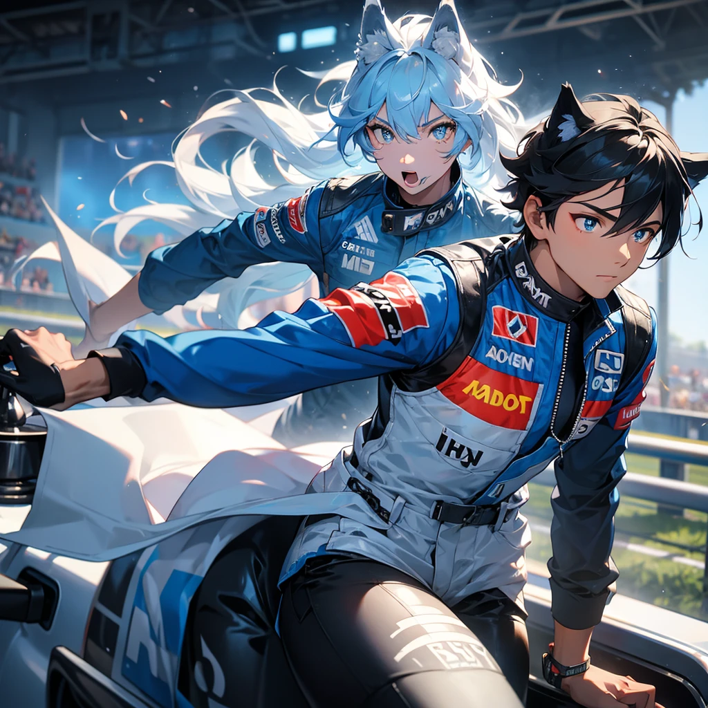 Blue young male wolf with marlboro shirt racing at formula 1