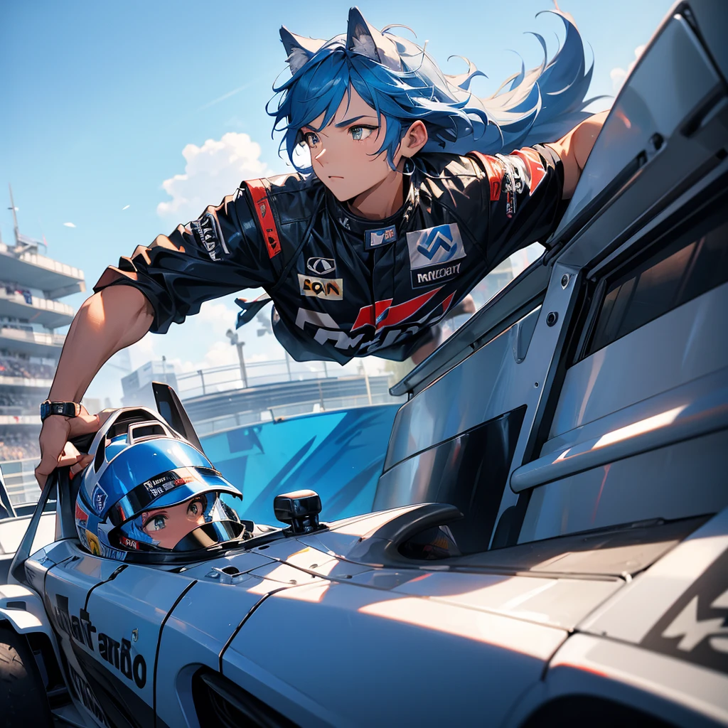 Blue young male wolf with marlboro shirt racing at formula 1