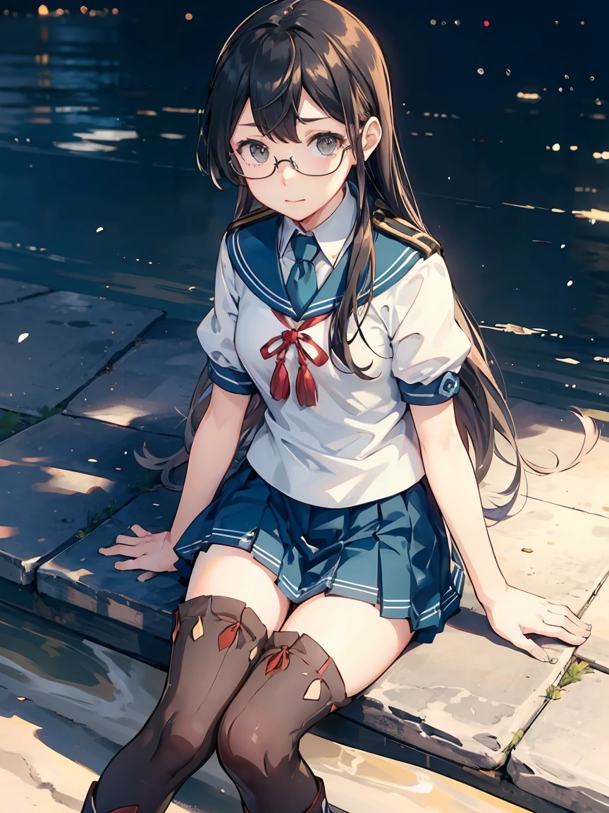 (Oyodo Kai　Kantai Collection)、((Lustrous thighs))、Glasses,Pleated skirt、Sailor suit、Red tie、Are standing、((紫のoverknee socks:1.5))
