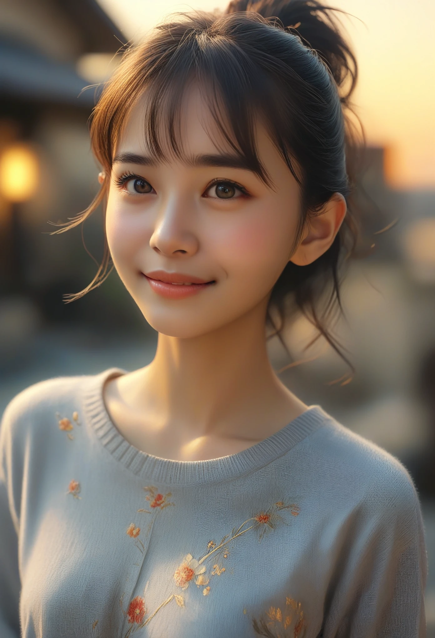 Highest quality, 超High resolution, (Realistic:1.4),Sunset Light, ponytail, Japanese women, Detailed Photos, smile, sexy, Black Shirt, To the camera, close (masterpiece: 1.3), (8k, Realistic, Highest quality: 1.4), (One girl), Beautiful Face, (Realistic Face), (Black Hair, short hair: 1.3), Beautiful hairstyle, Realistic eyes, Beautiful details in the eyes, (Realistic Skin), Beautiful Skin, (sweater), Absurd, Charm, 超High resolution, Ultra-realistic, High resolution, Golden Ratio