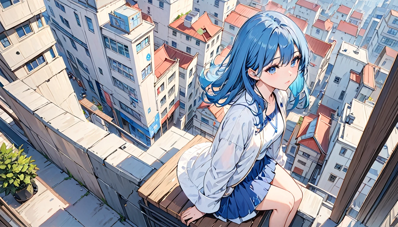masterpiece、One Girl、Blue Hair、Fashionable clothes、White jacket、Building background from above、sit、Low - Angle