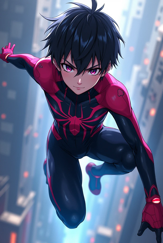 Anime boy with black hair and black eyes with spidergwen suit