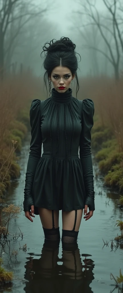 19 century setting, drama, stuck in bog,high-neck style, closed dress, short mini-dress, hips, high-neck dress, aristocratic hairstyle, stockings with garters, red lips, goth, aristocratic behaviour