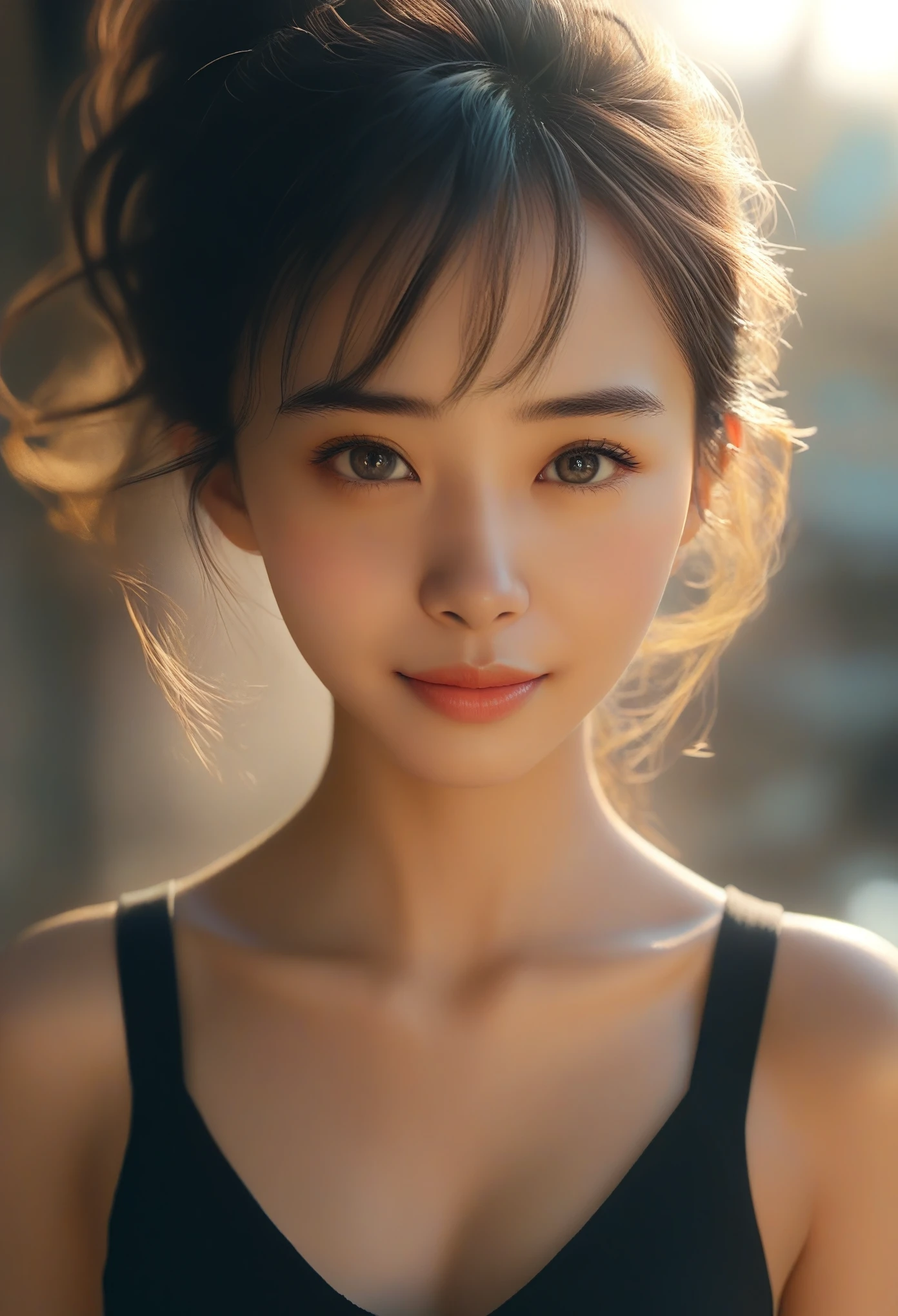 Highest quality, 超High resolution, (Realistic:1.4),Sunset Light, ponytail, Japanese women, Detailed Photos, smile, sexy, Black Shirt, To the camera, close (masterpiece: 1.3), (8k, Realistic, Highest quality: 1.4), (One girl), Beautiful Face, (Realistic Face), (Black Hair, short hair: 1.3), Beautiful hairstyle, Realistic eyes, Beautiful details in the eyes, (Realistic Skin), Beautiful Skin, (sweater), Absurd, Charm, 超High resolution, Ultra-realistic, High resolution, Golden Ratio