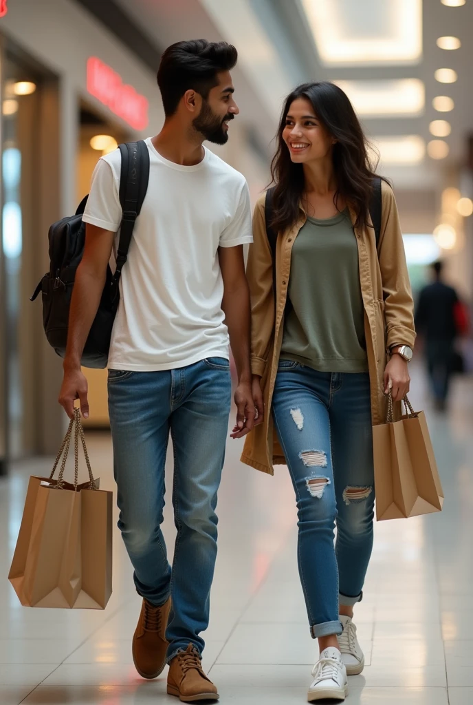 A boy age 27 south India from andhrapradesh wear jeans and t-shirt dusky skin and there was a girl age 25 north India from mumbai looks very modern she wears western dress looks very beautiful and active. Both are went to shopping in a mall and doing shopping
