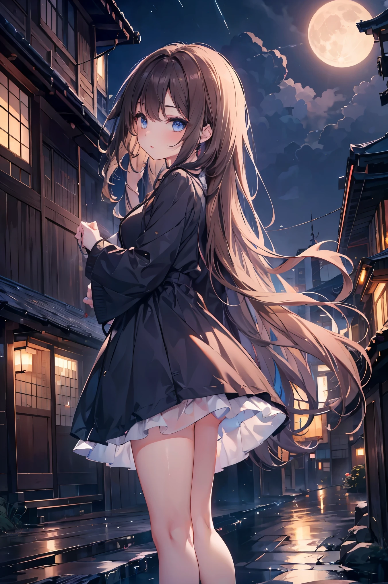 1 female、whole body、lower angle、Brown Hair、Long Hair、Well-groomed face、Dark lips、blue eyes、Blue dress、valley、slim、mini skirt、Kyoto、old buildings、night、full moon、masterpiece、Ultra-high resolution、delicate、Perfect lighting、sunlight、16K