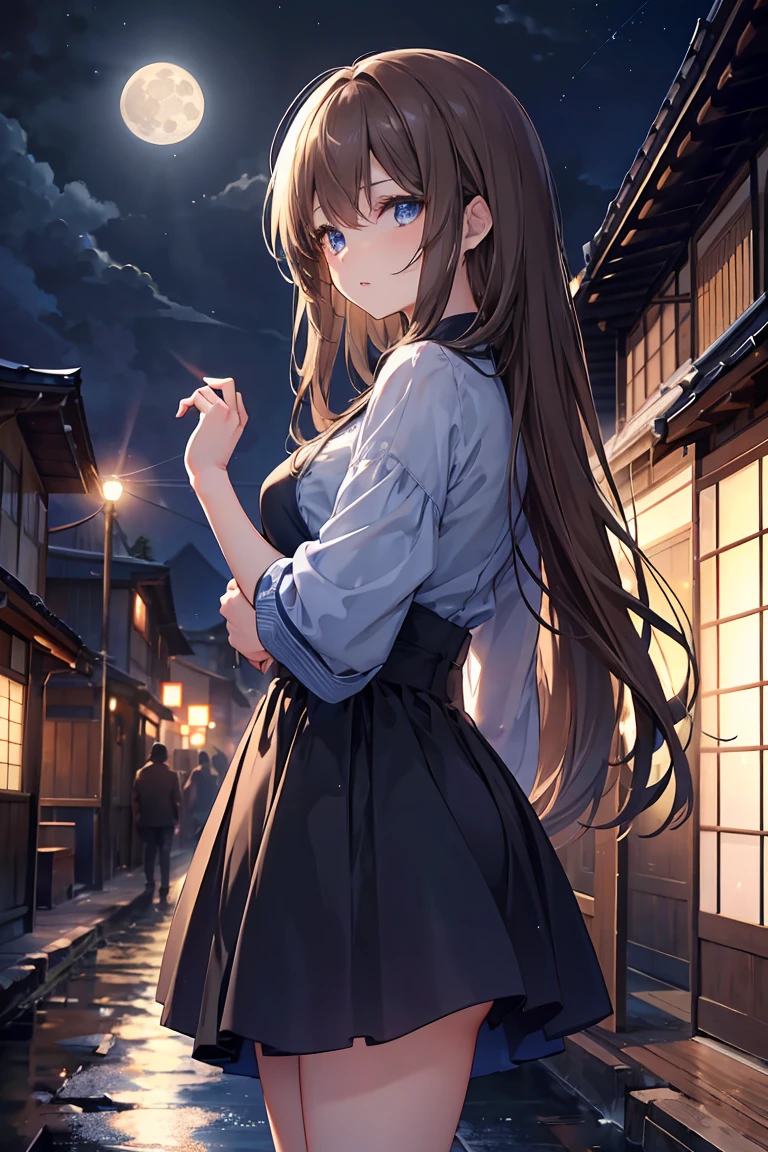 1 female、whole body、lower angle、Brown Hair、Long Hair、Well-groomed face、Dark lips、blue eyes、Blue dress、valley、slim、mini skirt、Kyoto、old buildings、night、full moon、masterpiece、Ultra-high resolution、delicate、Perfect lighting、sunlight、16K