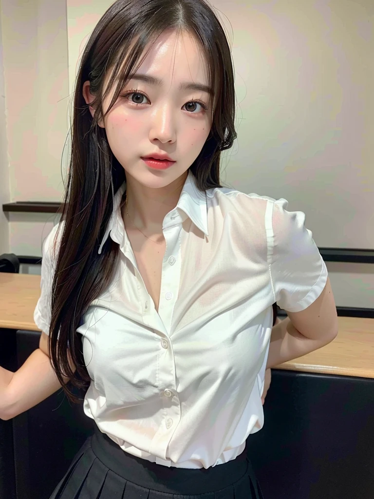 (masterpiece:1.3), (8k, Realistic, RAW Photos, Best image quality: 1.4), (Random Hairstyles:1.2)、(Highly detailed face)、Attention to detail、double eyelid、(Dark Eyes),(Sharp focus:1.2)、((whole body:1.5)),One Woman、Beautiful woman:1. 4,20-year-old woman、smile,Woman with a perfect body,Beautiful Abs,Chest-length hair、Highest quality、masterpiece、Ultra-high resolution、(Realistic:1.4)、super high quality、Symmetrical face、The face is very realistic、Photo level、8k最高画質はフル、Sebaceous reflex、The face is very realistic、Extremely realistic skin、Realistic light and shadow effects、(Pure and elegant girl),Professional Lighting、((Swayback stance)),(((Beautiful thighs))),(Sexy pose,Seductive pose),Recurve your hips back,Bend your waist,((dance,dance,Dancing)),((School classroom)),(((School Uniform:1.3,Skirt too short,White Shirt))),((tie,tieを解く)),(((Accentuate your butt))),((I can see her panties)),Skirt flipped up