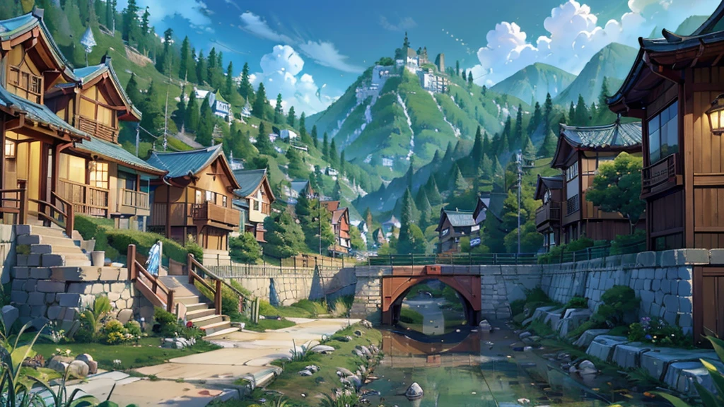 a tranquil korean village,closely nestled houses,vibrant colorful houses,vibrant lighting,warm inviting atmosphere,detailed depiction,wide range,anime style