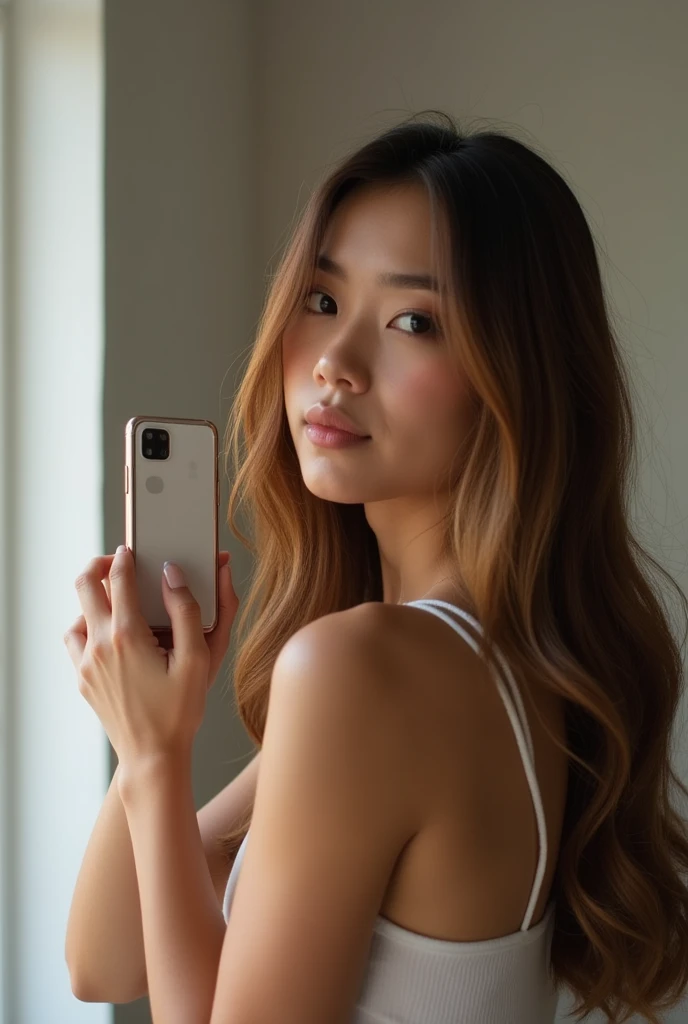 A Brazilian woman with straight hair,Middle, Clara taking a selfie in the mirror
