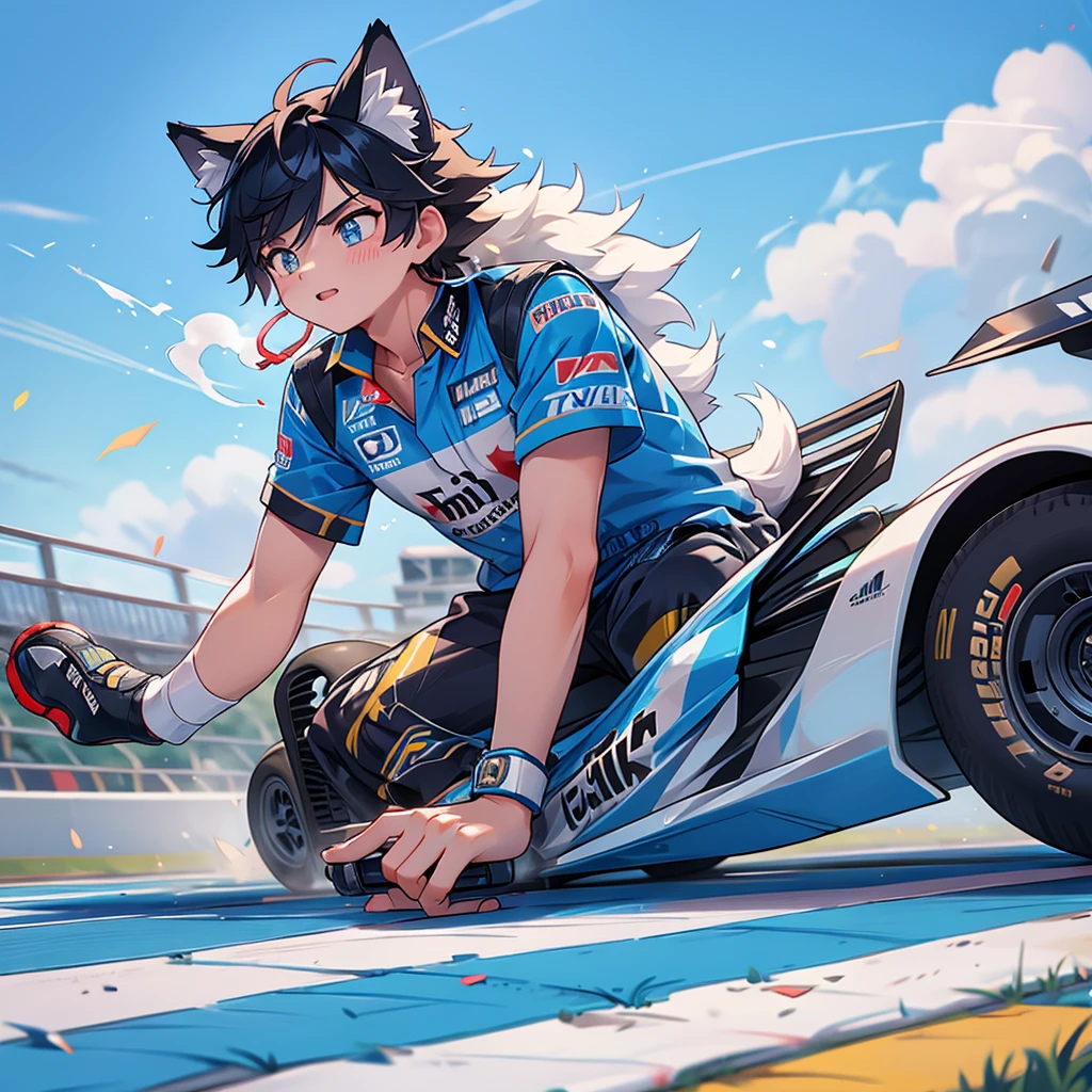 Blue young male wolf with marlboro shirt racing at formula 1