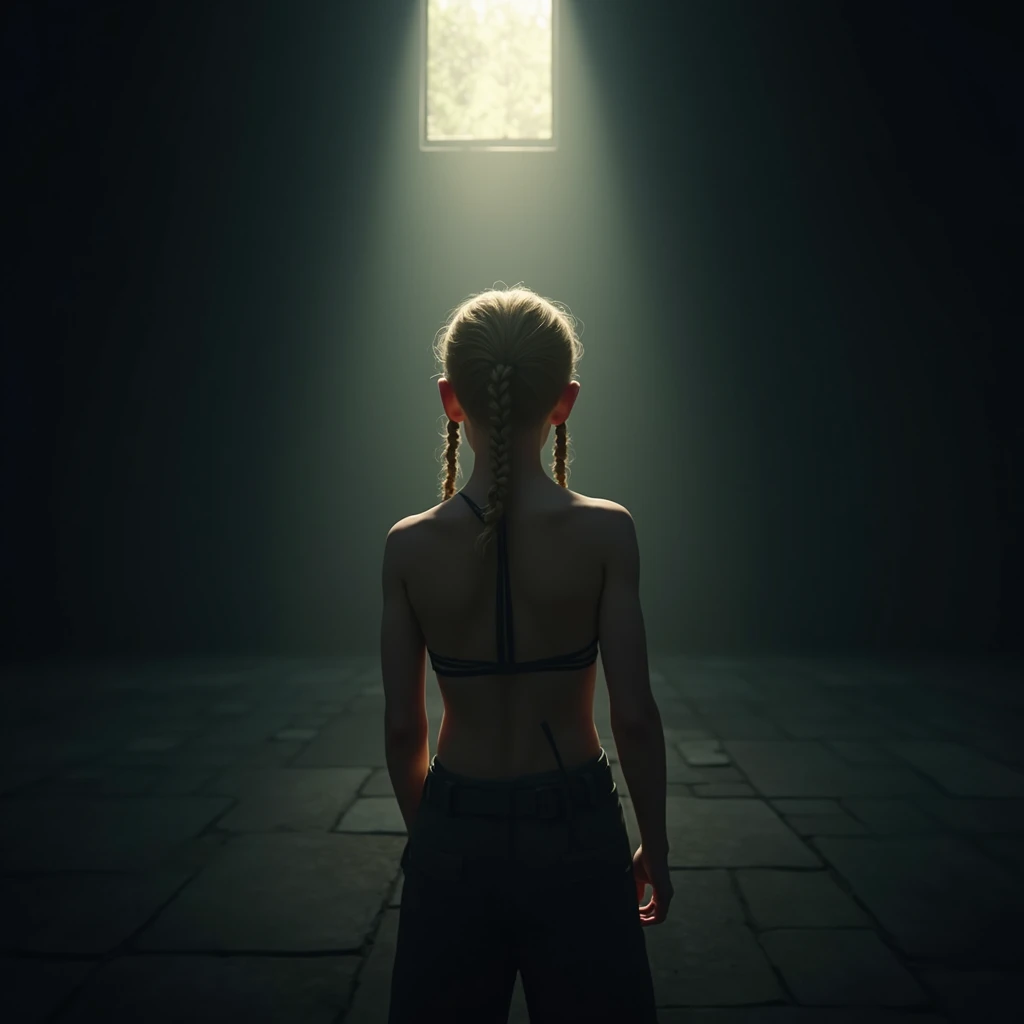 A light in the darkness A boy with blonde braids and a tied up body The protagonist of a game He turns his back, his face cannot be seen