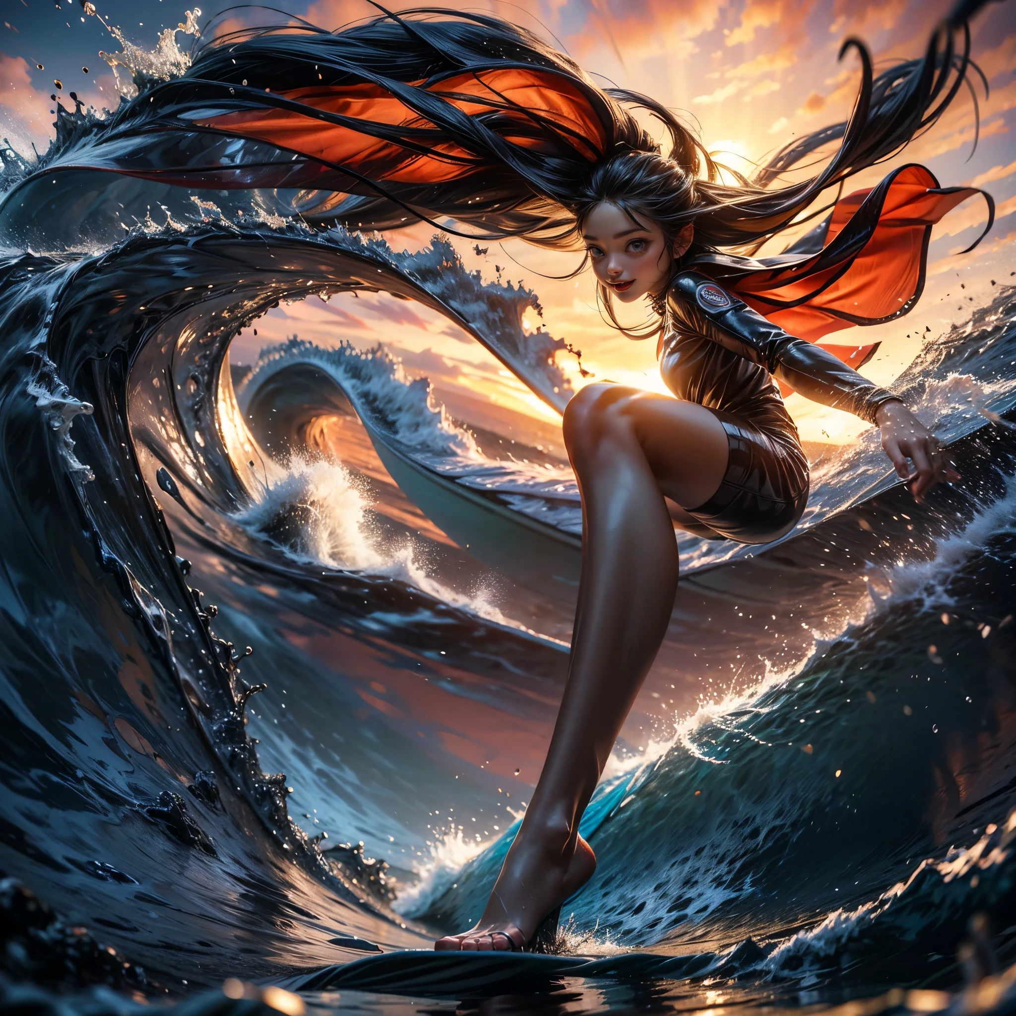 (Luminism:1.28), Side view、(TopQuality 8K Masterpiece:1.2) (ProfessionalPHOTO:1.37) Extremely Detailed (A girl standing on a surfboard riding a wave), (Colorful morning Glory Rays)、(Crouching and balancing on a Life Size surfboard:1.28), (There is Only one surfboard under her feet:1.32) Splashing water Particles Sparkling waves, Glowing Wet Hair、(Super hourglass body type)、Dynamic motion blur, Perfect Hand、(Surfing Photos:1.4) Extreme Sports Photography with action pose