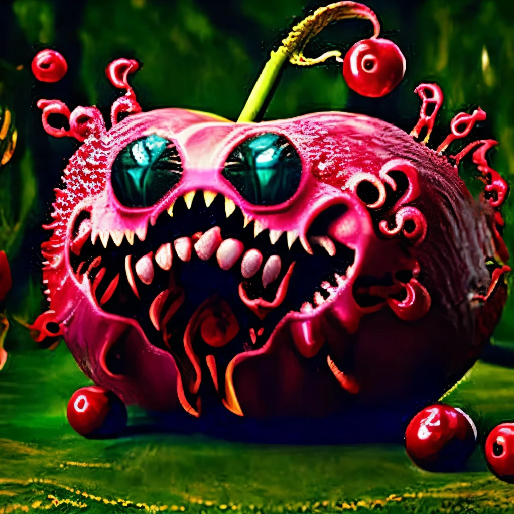 Mad cherry smiling, Alice in wonderland themes, cherry with Cheshire cat smile 