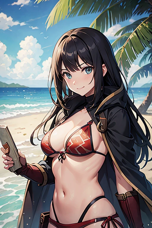 ((monsterhunter)), looking the viewer, solo, girl, shy, red cheek, bashful, long hair, embarrassed, smiling, happy, perfect face, beautiful eye, upper body, (summer beach),  (bikini),
