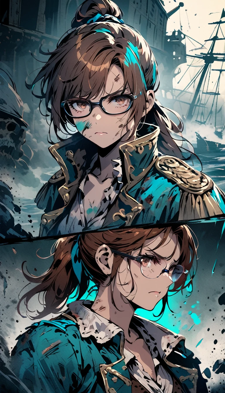 beaten up,buffed,bleed,determined,glasses,ponytail,pirate,pirate girl,brown hair,wound,bruises,broken glasses,cold colors,paint style,detailed,brown eyes