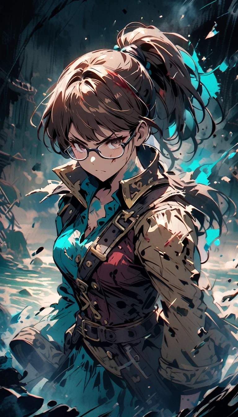 beaten up,buffed,bleed,determined,glasses,ponytail,pirate,pirate girl,brown hair,wound,bruises,broken glasses,cold colors,paint style,detailed,brown eyes