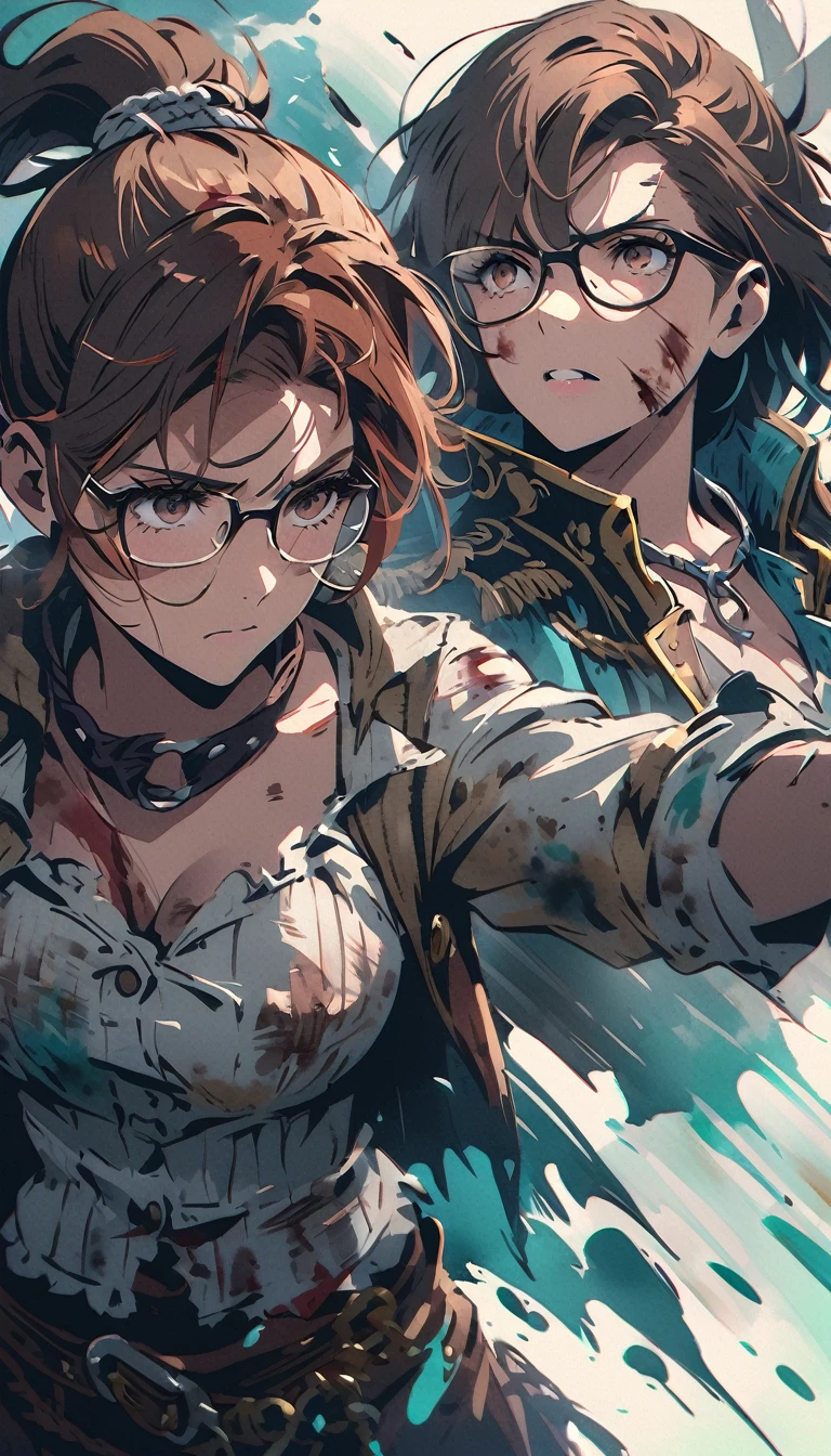 beaten up,buffed,bleed,determined,glasses,ponytail,pirate,pirate girl,brown hair,wound,bruises,broken glasses,cold colors,paint style,detailed,brown eyes