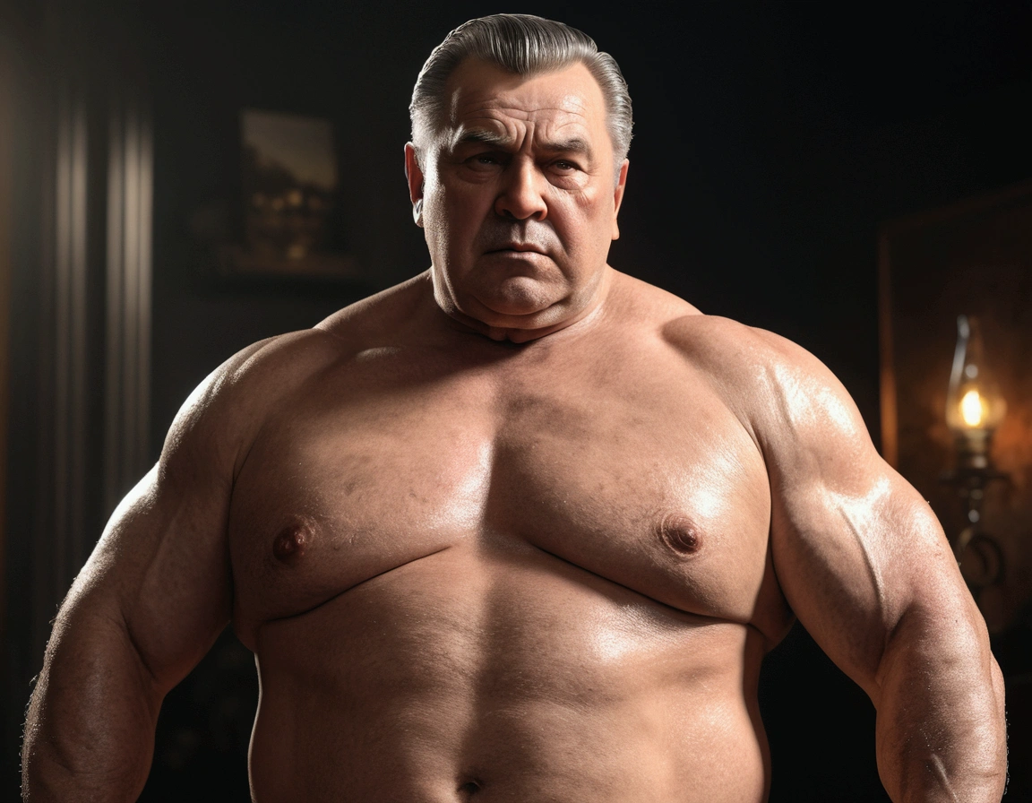a muscular chubby older man, mature daddy, hairy chest, fat belly, waist belt, big cock, hard little nipple, disgusting boner, (best quality,4k,8k,highres,masterpiece:1.2),ultra-detailed,(realistic,photorealistic,photo-realistic:1.37),detailed face,intricate details,cinematic lighting,dramatic lighting,cinematic angle,cinematic pose,dark shadows,dramatic shadows