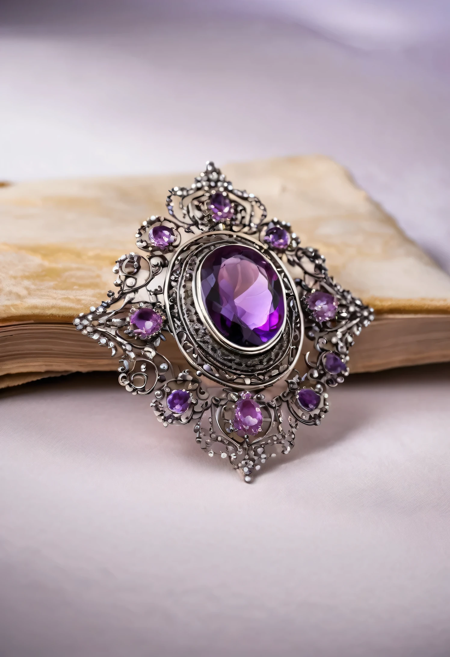 silver brooch with amethyst on white background , jewelry antique art, fashion art