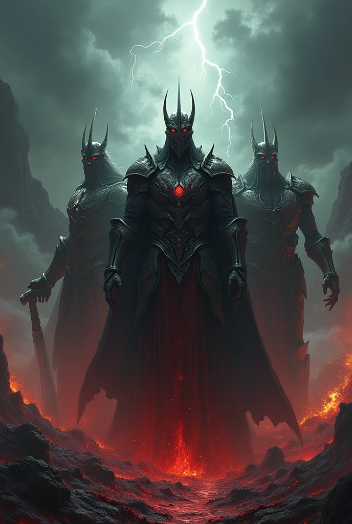  "Depict a chilling, nightmarish realm straight out of hell, showcasing four formidable and ruthless kings. Each king is clad in ominous, blood-stained armor, exuding an aura of absolute terror and power. The first king rules over a landscape of fiery lava and scorched earth, with molten rivers flowing beneath his iron throne. The second king commands a realm of eternal darkness, his eyes glowing like burning coals as shadowy demons circle around him. The third king stands amidst a storm of jagged lightning and howling winds, his fierce expression reflecting the raw fury of the tempest. The fourth king presides over a desolate wasteland of shattered bones and twisted corpses, wielding a massive, bloodied weapon. The atmosphere is thick with despair and torment, with the sky above swirling in dark, chaotic clouds."