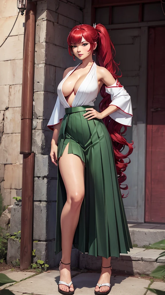 full-body shot, young asian woman , ((red wavy hairs with side bang)), long high ponytail, (((long green pleated skirt:1.2) with single slit on the side)), ((white kimono top)), long sleeves, huge round fake breasts, tiny waist, small hips, ((deep open v-cleavage)), tanned skin, tan, (sultry mesmerizing blue eyes), seductive smile, red lips, full lower lip, standing seducing viewver, (very long skirt:1.2), epic fantasy concept art by mogudan style