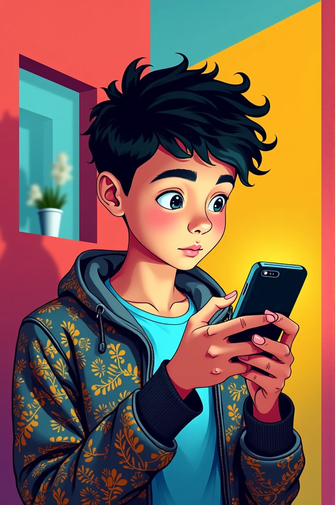 make a age boy using his phone, make it into pop art style