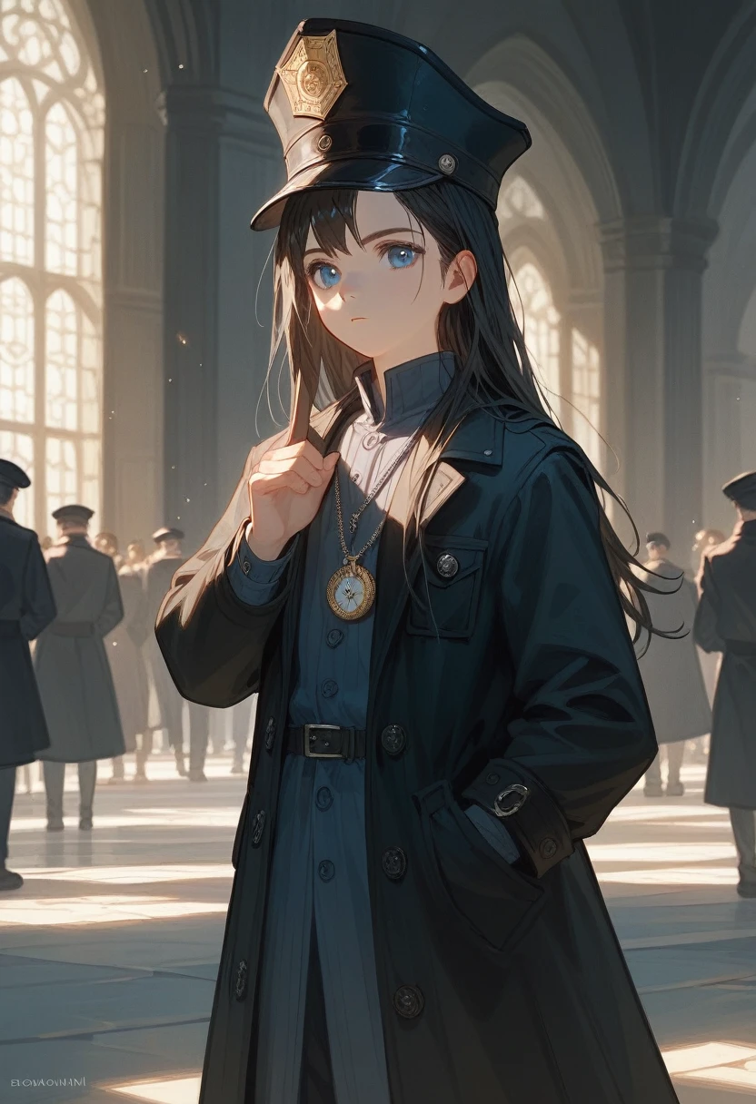 -year-ooy，Meval style，Black trench coat，Standing，whole body女恋，stand sideways，Side to the audience，Far from the audience，calm，high quality，8k，Ultra HD，masterpiece，Detailed facial depiction，Blue Eyes，Black Hair，Wearing a detective hat，Scholarly demeanor，young，Preschool，Bla coat，whole body，Pocket watch in hand，Fluffy long hair，（Facing the audience sideways）