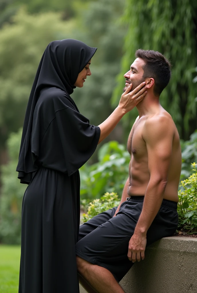 In the garden, a woman with a black headscarf, The barefoot woman rubs her feet on the man's face.