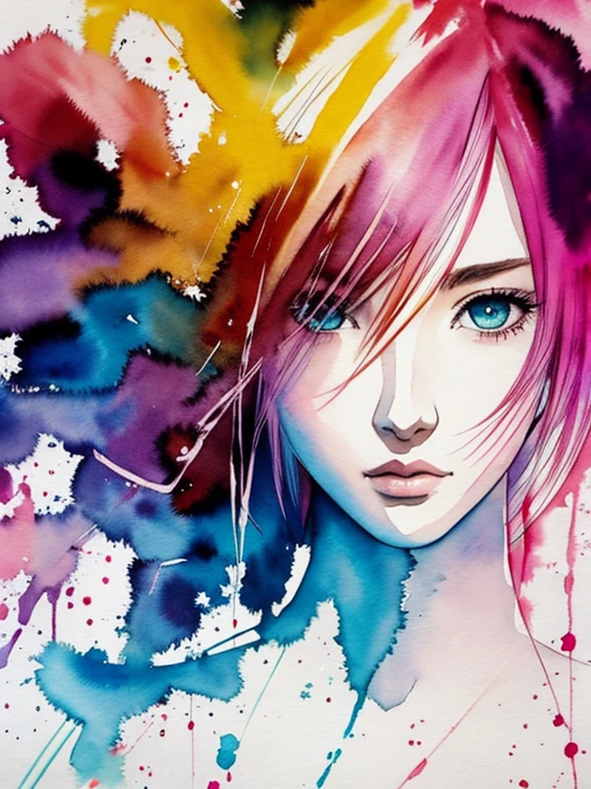 (((Agnes Cecile:1.3, watercolor))), precise lineart:1.1, glowing design, ink drops, Final Fantasy XIII Character Lightning (Claire Farron), centered, key visual, intricate, highly detailed, breathtaking beauty, vibrant, Beautiful Muses, comprehensive cinematic, ((Carne Griffiths, Conrad Roset)), autumn lights, (the most beautiful portrait in the world:1.4), (masterpiece, best quality), 