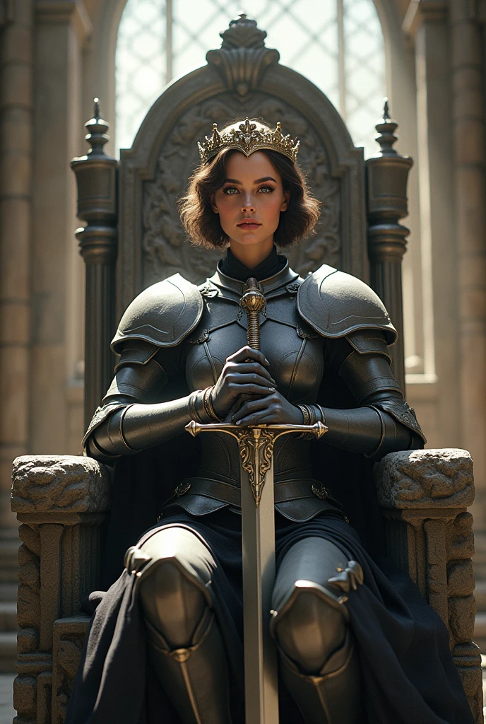 (photorealism:1.2), A pretty woman, sitting on a large, rough, stone throne, armor mesh, posing holding a sword, short wavy hair and deep purple, green eyes, deep purple eyebrows, warm skin, elegant silver crown, inside a castle, with sunlight streaming through a window