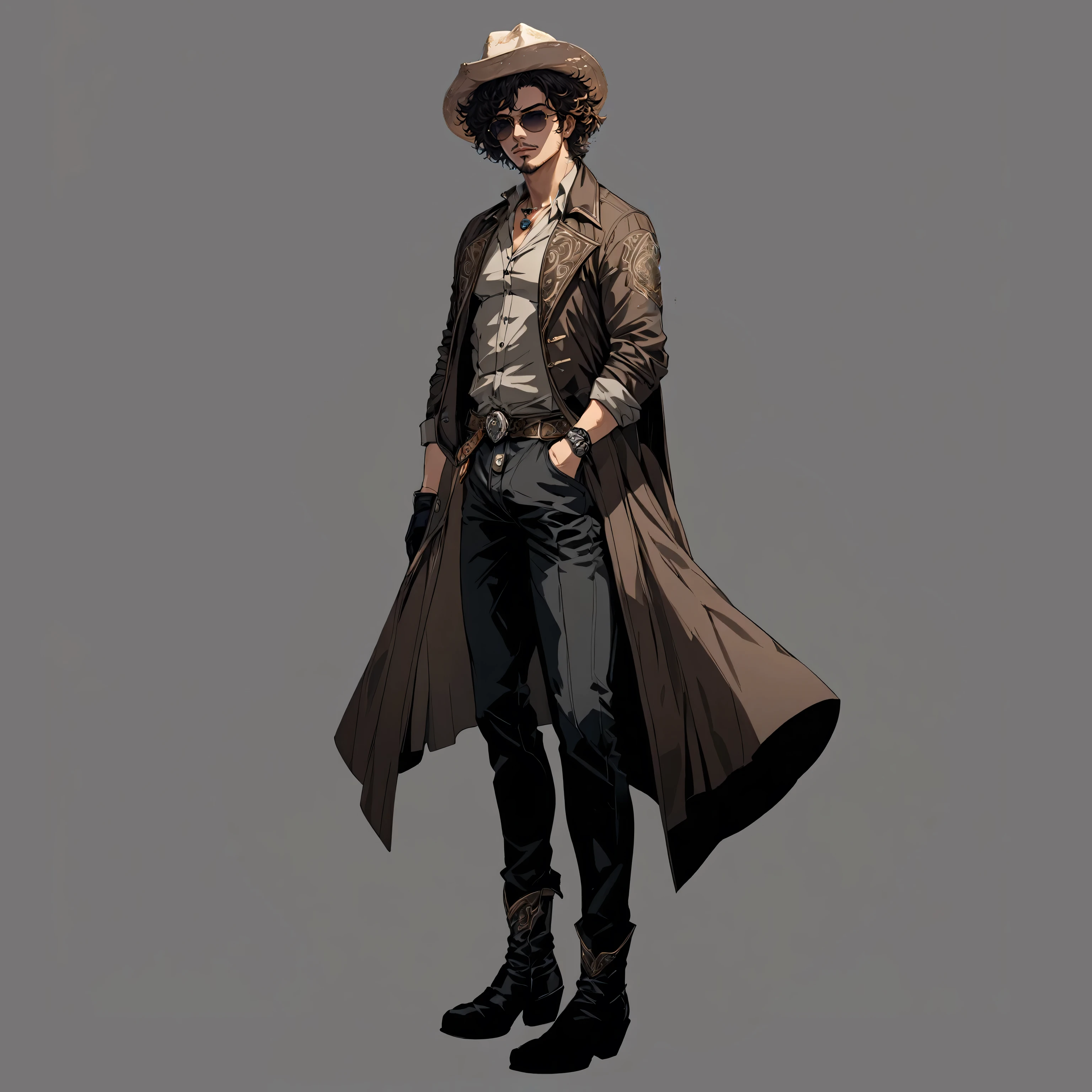 masterpiece, best quality, good quality, Highly detailed, shadowverse style, male, adult, curly hair, brown hair, black eyeglasses, cowboy hat, modern aesthetic, middle age, facial hair, full body from head to toe, cowboy boots, cowboy aesthethic