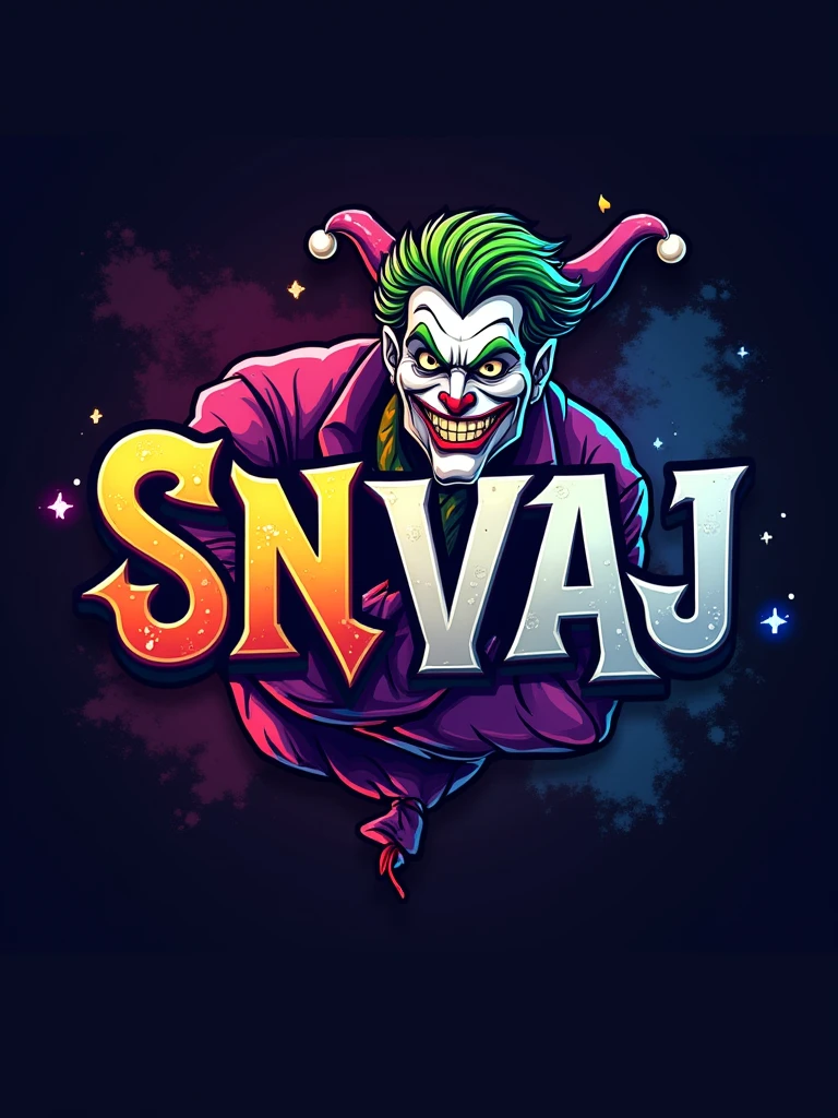 logo "snvaj" stylish letter logo front,background joker in letter front joker