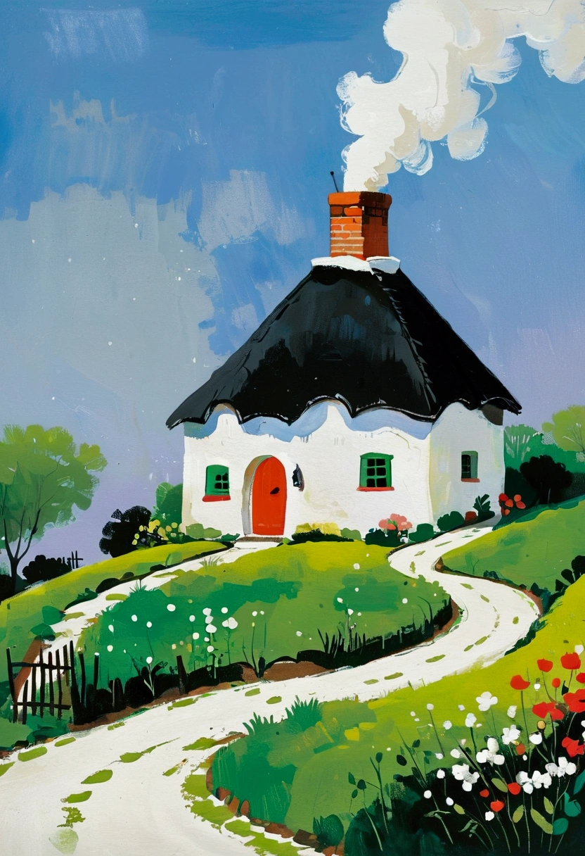 Childish Art:Freehand,artistic conception:2.Simple acrylic painting,Dot,A small thatched house on a winding road - a chimney with white smoke,Minimalism,White background。(((Negative Space:2,Large area of blank:2, Bottom left corner composition)))