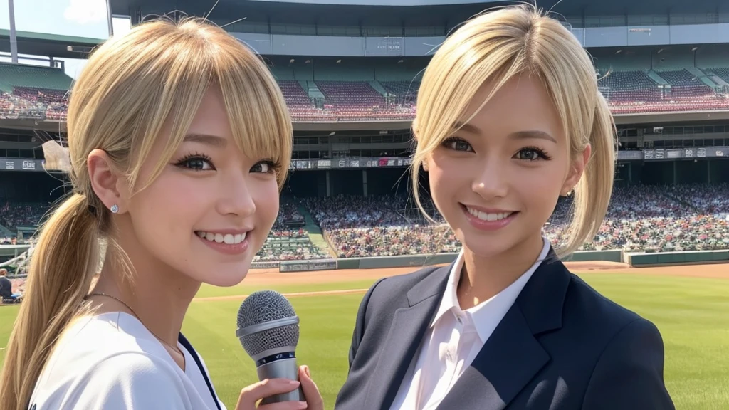 A female announcer is broadcasting live from Koshien Stadium.。Blonde Short Hair。smile、front。In a suit