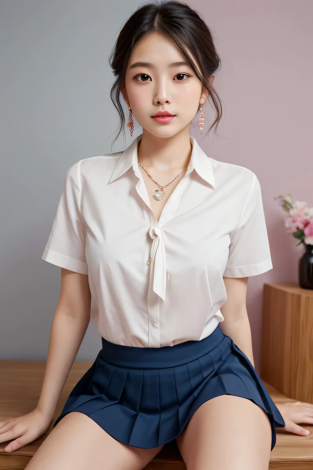 (High resolution、8k:1.3)、masterpiece、(Ultra-realistic as a photo:1.3)、Very nice finish、Slender figure、Sharp focus, 超High resolutionの顔、Highest quality、The face is in focus、Ultra high definition and beautiful eyes、Eyes are symmetrical、High quality and beautiful skin、Firm Skin、Japanese Girls, thin、very cute、、(white short sleeve shirt、Pleated skirt、Ultra mini skirt), Sitting、sexy、Earrings、necklace、Pink wall、Natural Makeup, (blush:1.3), (Embarrassing:1.3)、(View your audience:1.3),short hair, Messy Hair、Navy blue tie、White collared short sleeve shirt、sexy、